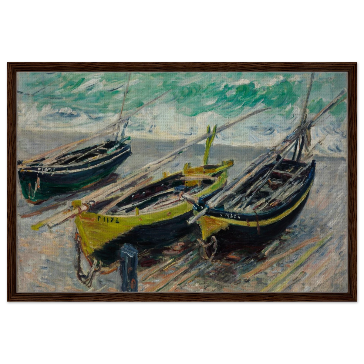 Three Fishing Boats (1886) – Claude Monet Wall Art Print - Framed Canvas - 60x90 cm / 24x36″ - Dark wood frame