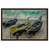 Three Fishing Boats (1886) – Claude Monet Wall Art Print - Framed Canvas - 60x90 cm / 24x36″ - Dark wood frame