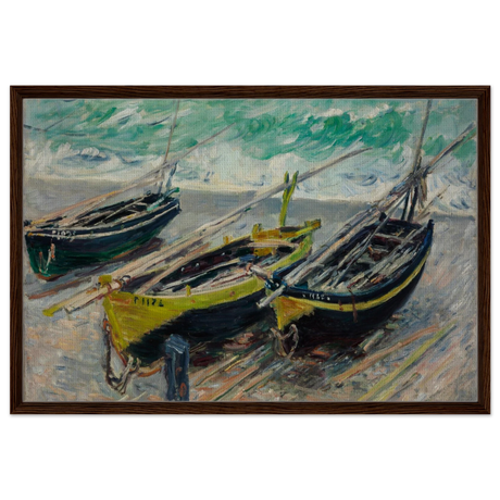 Three Fishing Boats (1886) – Claude Monet Wall Art Print - Framed Canvas - 60x90 cm / 24x36″ - Dark wood frame