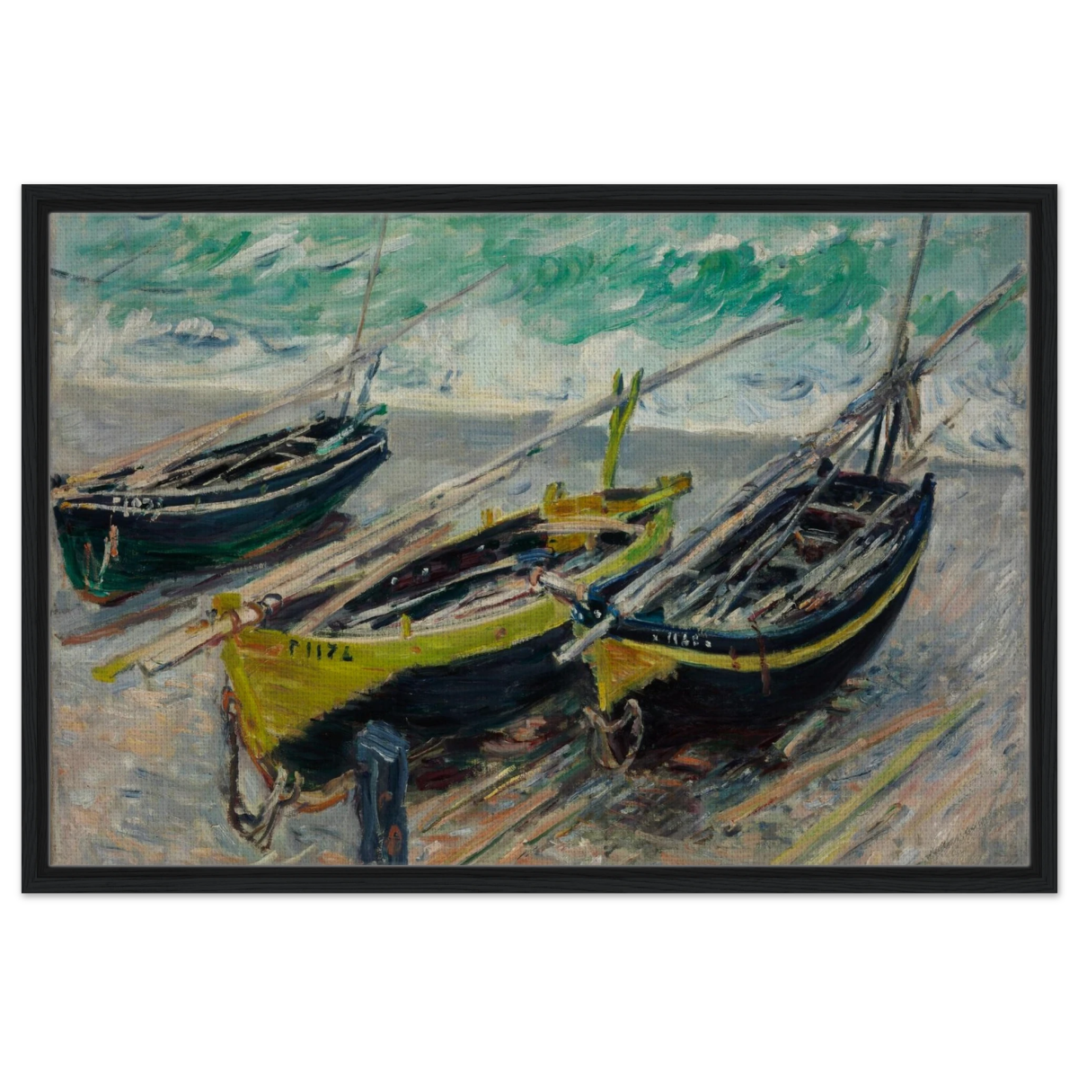 Three Fishing Boats (1886) – Claude Monet Wall Art Print - Framed Canvas - 60x90 cm / 24x36″ - Black frame