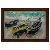 Three Fishing Boats (1886) – Claude Monet Wall Art Print - Framed Canvas - 20x30 cm / 8x12″ - Dark wood frame