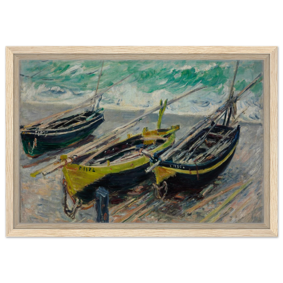 Three Fishing Boats (1886) – Claude Monet Wall Art Print - Framed Canvas - 30x45 cm / 12x18″ - Wood frame