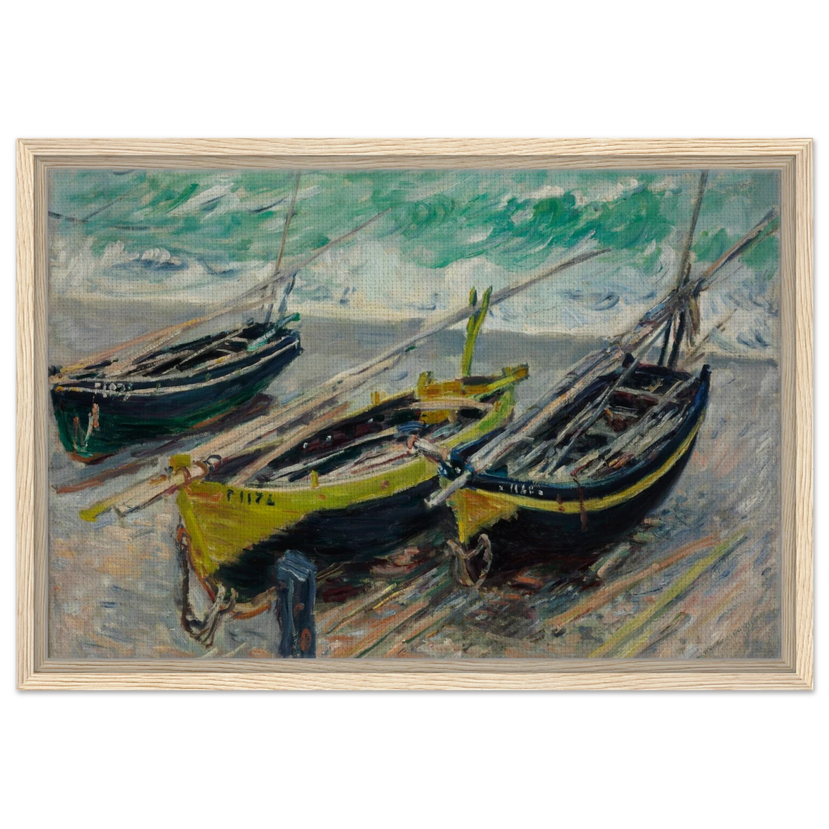 Three Fishing Boats (1886) – Claude Monet Wall Art Print - Framed Canvas - 40x60 cm / 16x24″ - Wood frame