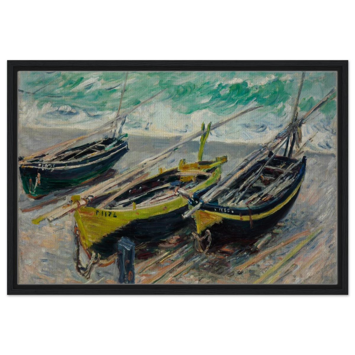 Three Fishing Boats (1886) – Claude Monet Wall Art Print - Framed Canvas - 50x75 cm / 20x30″ - Black frame