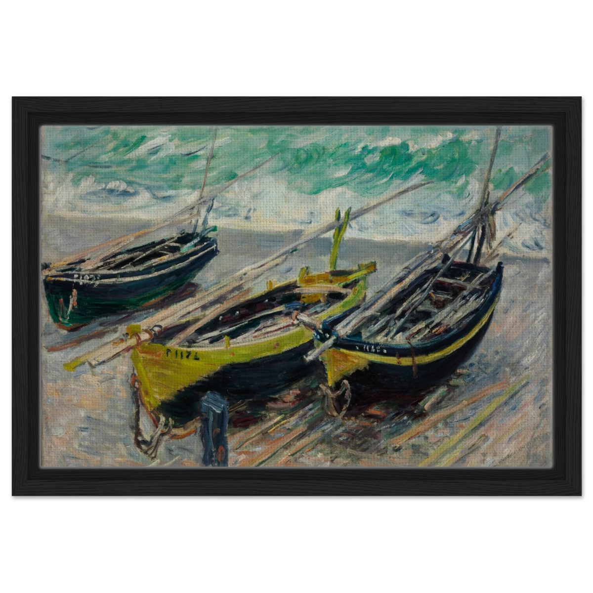 Three Fishing Boats (1886) – Claude Monet Wall Art Print - Framed Canvas - 30x45 cm / 12x18″ - Black frame
