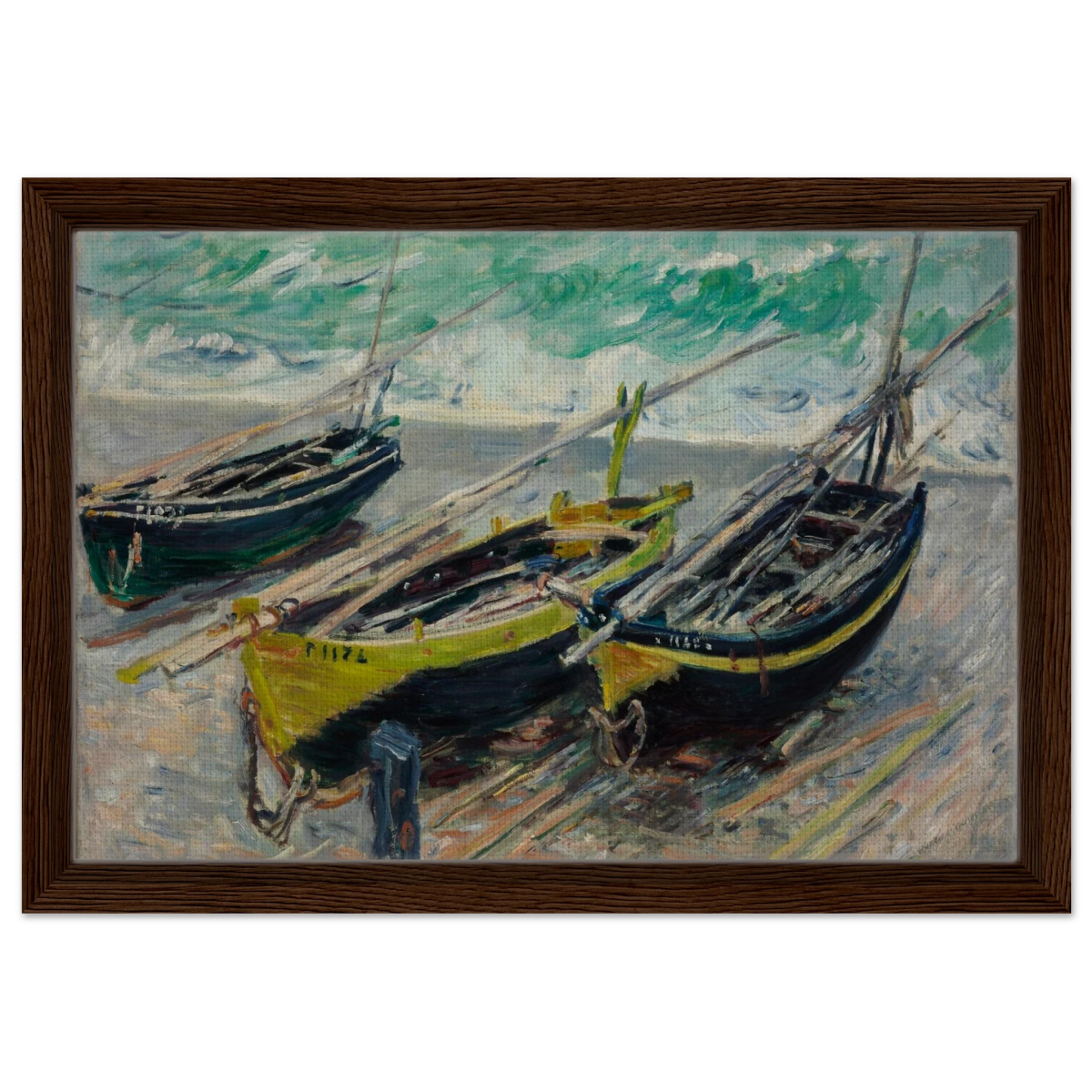 Three Fishing Boats (1886) – Claude Monet Wall Art Print - Framed Canvas - 30x45 cm / 12x18″ - Dark wood frame