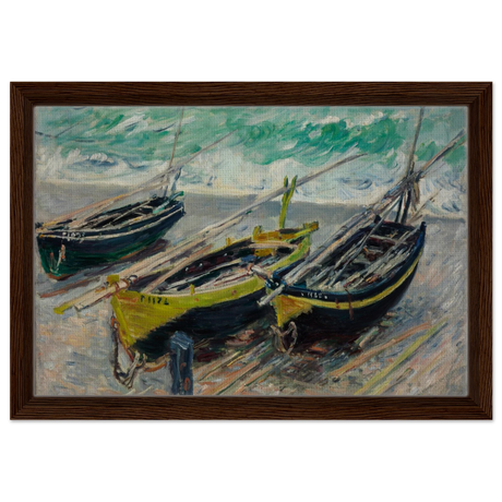 Three Fishing Boats (1886) – Claude Monet Wall Art Print - Framed Canvas - 30x45 cm / 12x18″ - Dark wood frame