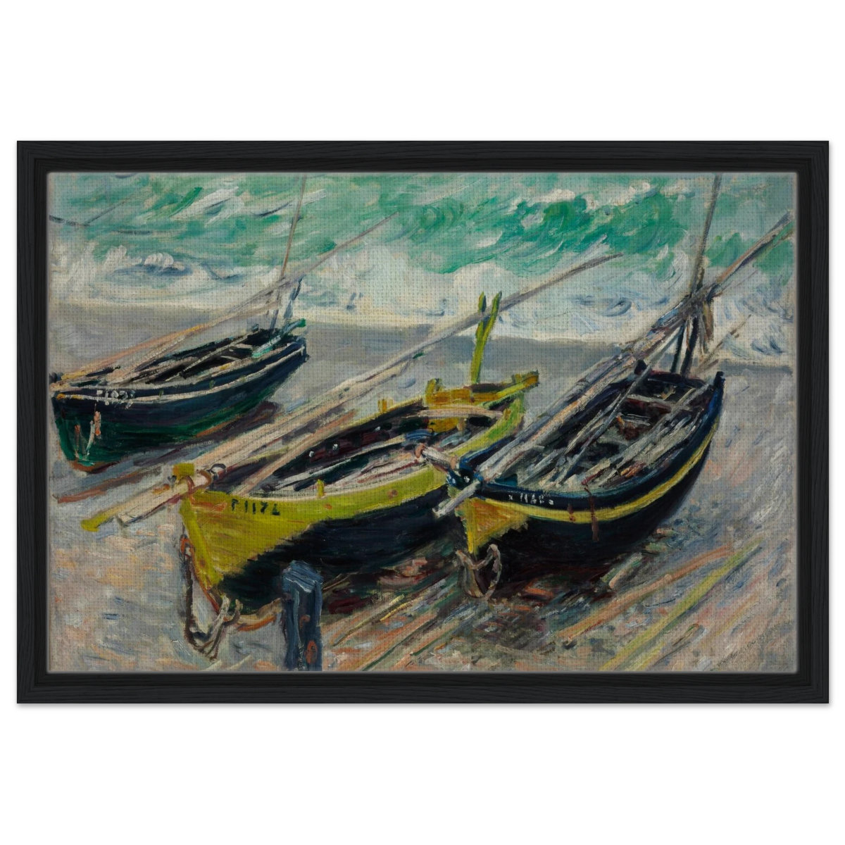Three Fishing Boats (1886) – Claude Monet Wall Art Print - Framed Canvas - 40x60 cm / 16x24″ - Black frame