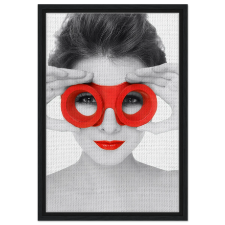 Through Crimson Eyes"– Monochrome Glamour Pop | Wall Art Print - Framed Canvas - 40x60 cm / 16x24″ - Black frame