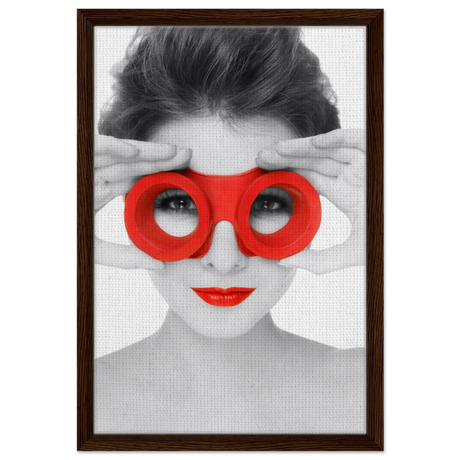 Through Crimson Eyes"– Monochrome Glamour Pop | Wall Art Print - Framed Canvas - 40x60 cm / 16x24″ - Dark wood frame