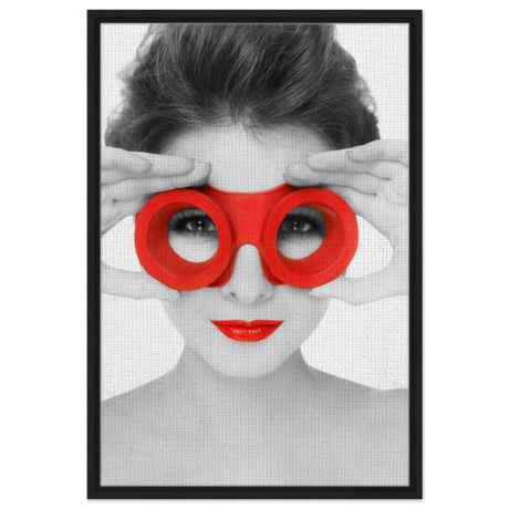 Through Crimson Eyes"– Monochrome Glamour Pop | Wall Art Print - Framed Canvas - 60x90 cm / 24x36″ - Black frame