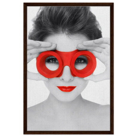 Through Crimson Eyes"– Monochrome Glamour Pop | Wall Art Print - Framed Canvas - 60x90 cm / 24x36″ - Dark wood frame