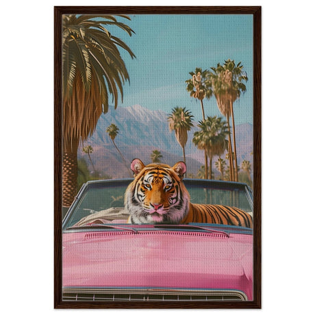 Tiger’s Ride: A Tropical Adventure | Pop Art Surrealism - Framed Canvas - 60x90 cm / 24x36″ - Dark wood frame
