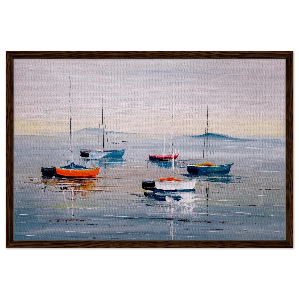 Tranquil Harbour – Sailing Boats at Rest Nautical Wall Art Print - Framed Canvas - 60x90 cm / 24x36″ - Dark wood frame