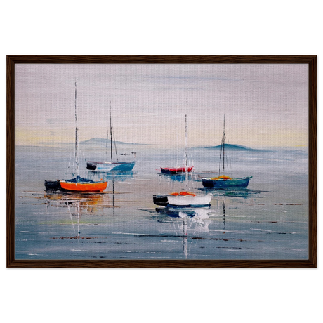 Tranquil Harbour – Sailing Boats at Rest Nautical Wall Art Print - Framed Canvas - 60x90 cm / 24x36″ - Dark wood frame
