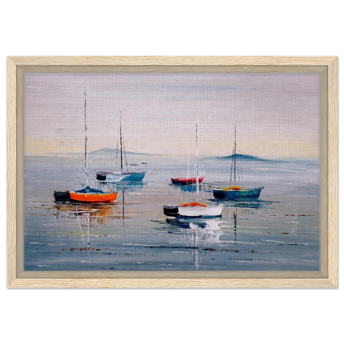 Tranquil Harbour – Sailing Boats at Rest Nautical Wall Art Print - Framed Canvas - 30x45 cm / 12x18″ - Wood frame