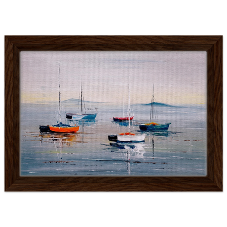 Tranquil Harbour – Sailing Boats at Rest Nautical Wall Art Print - Framed Canvas - 20x30 cm / 8x12″ - Dark wood frame