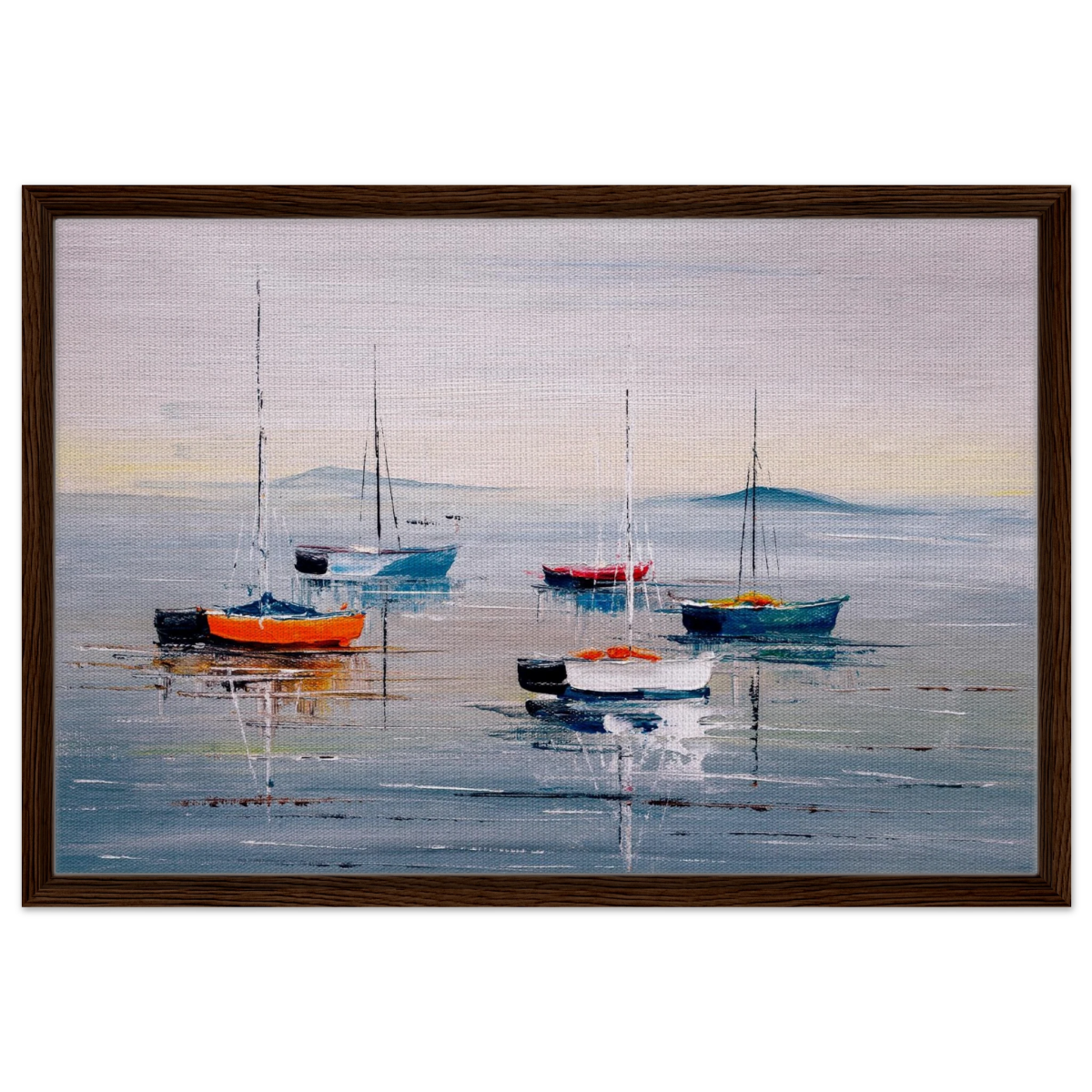 Tranquil Harbour – Sailing Boats at Rest Nautical Wall Art Print - Framed Canvas - 50x75 cm / 20x30″ - Dark wood frame
