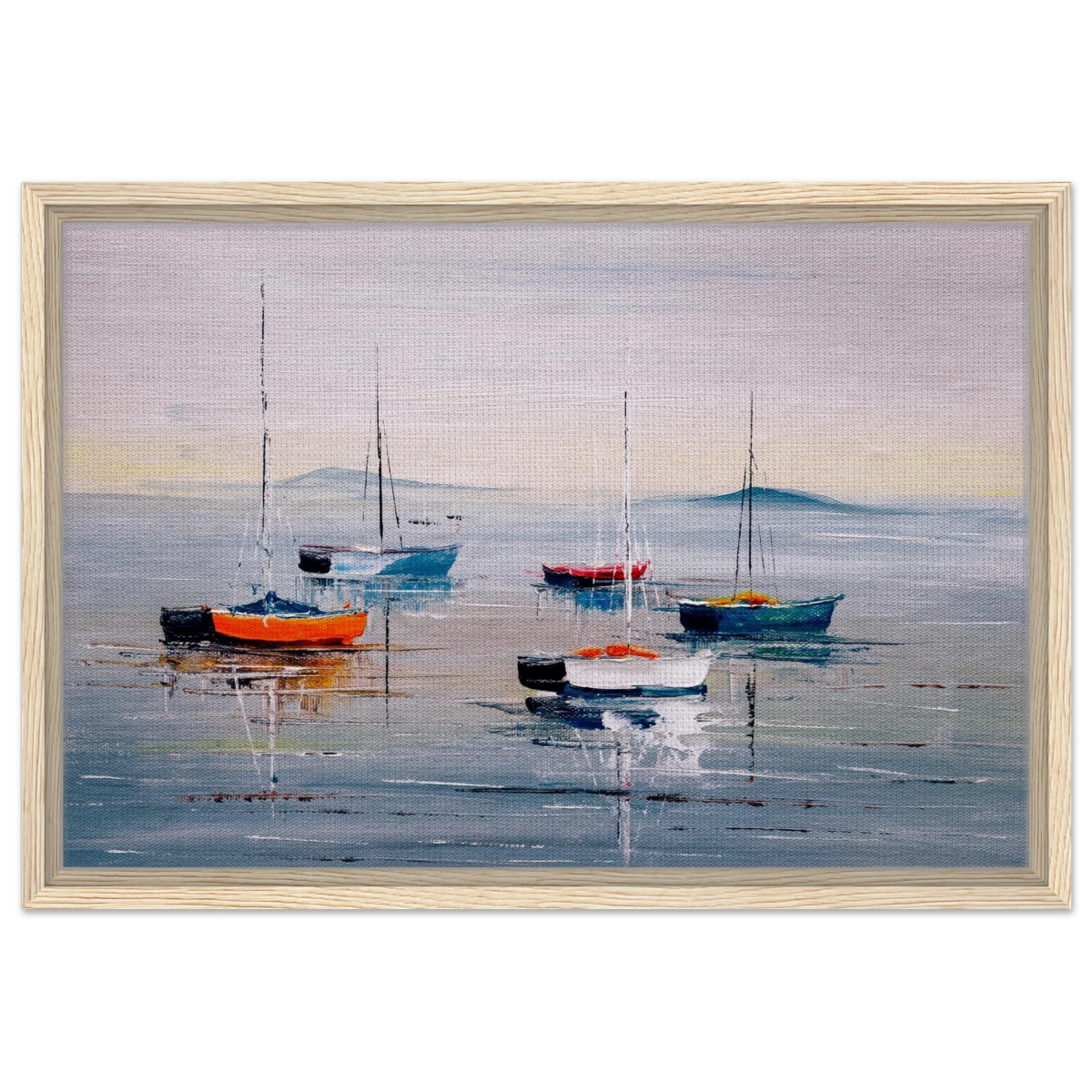 Tranquil Harbour – Sailing Boats at Rest Nautical Wall Art Print - Framed Canvas - 40x60 cm / 16x24″ - Wood frame