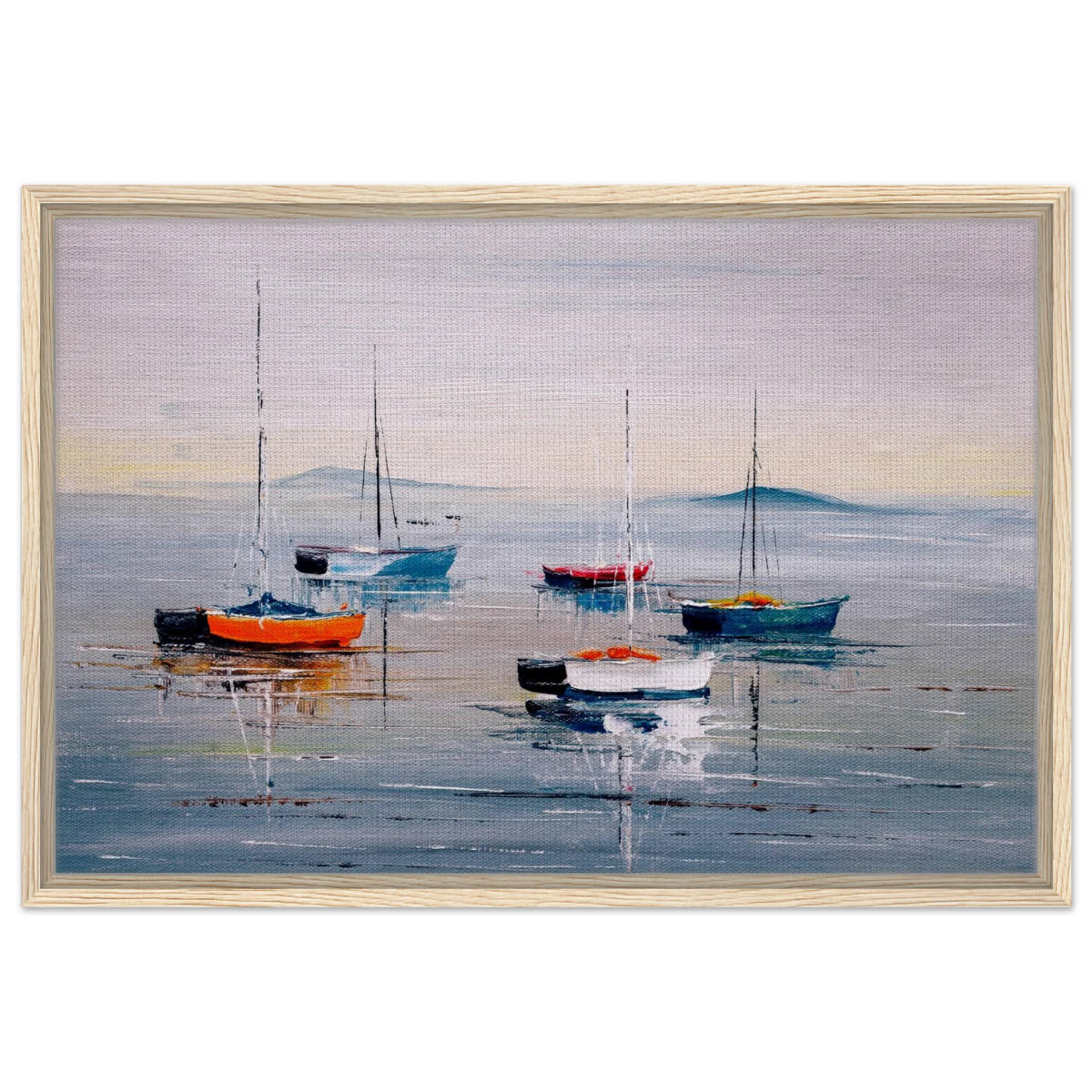 Tranquil Harbour – Sailing Boats at Rest Nautical Wall Art Print - Framed Canvas - 50x75 cm / 20x30″ - Wood frame