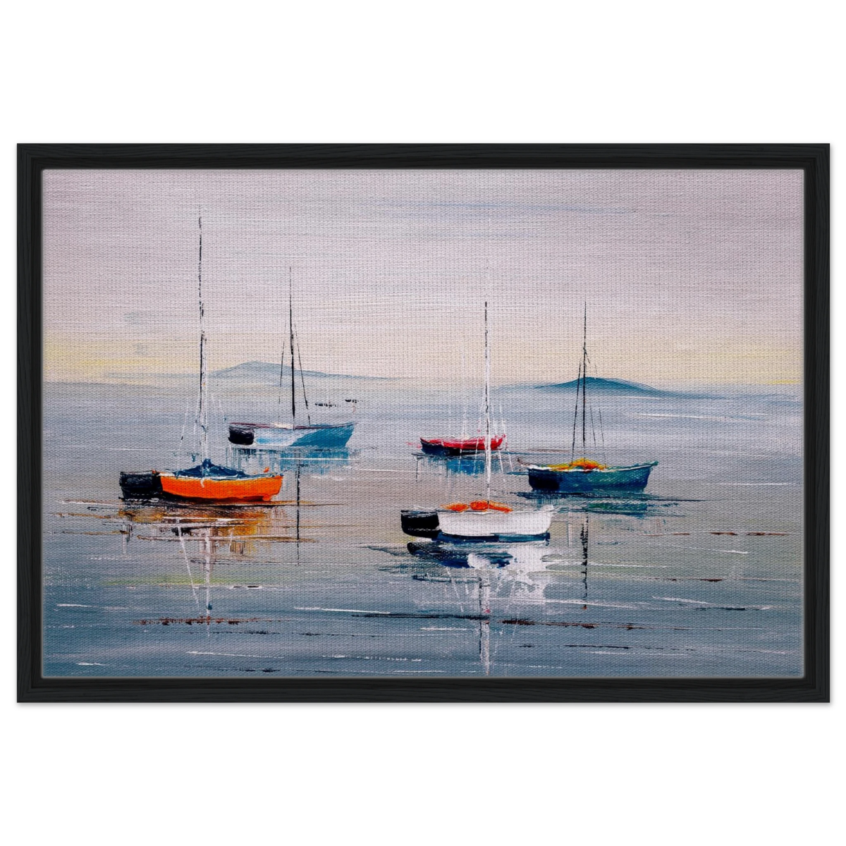 Tranquil Harbour – Sailing Boats at Rest Nautical Wall Art Print - Framed Canvas - 50x75 cm / 20x30″ - Black frame