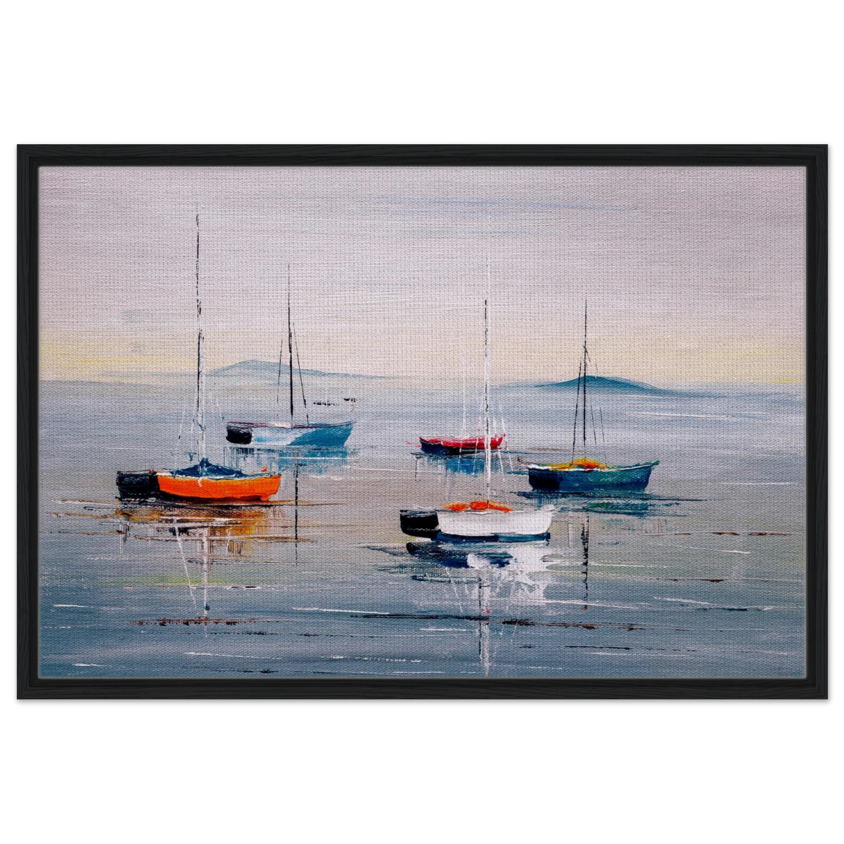 Tranquil Harbour – Sailing Boats at Rest Nautical Wall Art Print - Framed Canvas - 60x90 cm / 24x36″ - Black frame