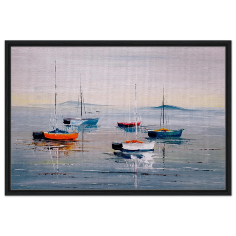 Tranquil Harbour – Sailing Boats at Rest Nautical Wall Art Print - Framed Canvas - 60x90 cm / 24x36″ - Black frame