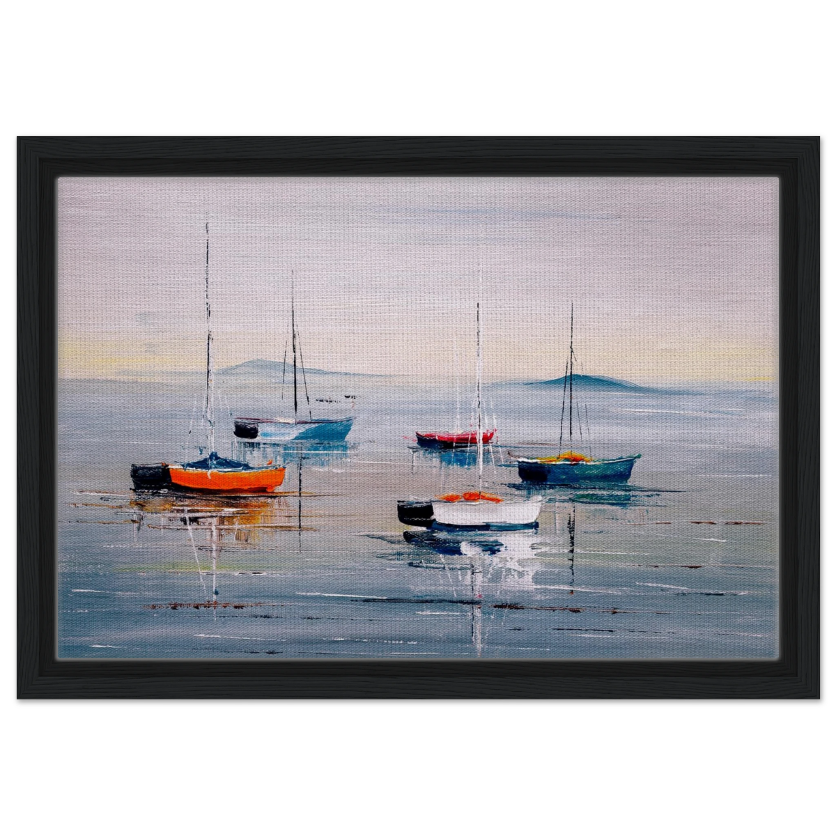 Tranquil Harbour – Sailing Boats at Rest Nautical Wall Art Print - Framed Canvas - 30x45 cm / 12x18″ - Black frame