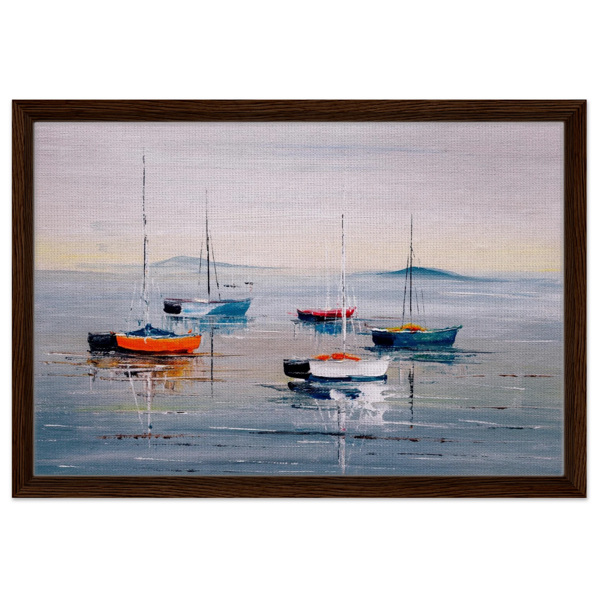 Tranquil Harbour – Sailing Boats at Rest Nautical Wall Art Print - Framed Canvas - 40x60 cm / 16x24″ - Dark wood frame