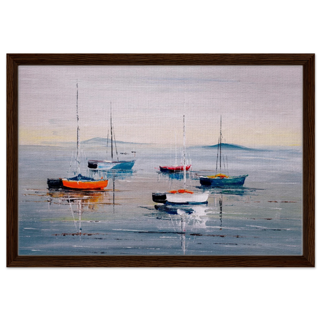 Tranquil Harbour – Sailing Boats at Rest Nautical Wall Art Print - Framed Canvas - 40x60 cm / 16x24″ - Dark wood frame