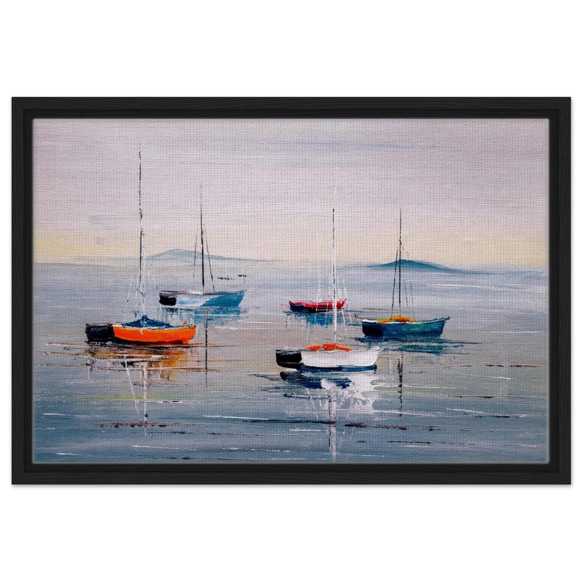 Tranquil Harbour – Sailing Boats at Rest Nautical Wall Art Print - Framed Canvas - 40x60 cm / 16x24″ - Black frame