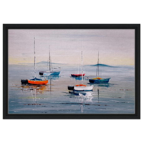Tranquil Harbour – Sailing Boats at Rest Nautical Wall Art Print - Framed Canvas - 40x60 cm / 16x24″ - Black frame