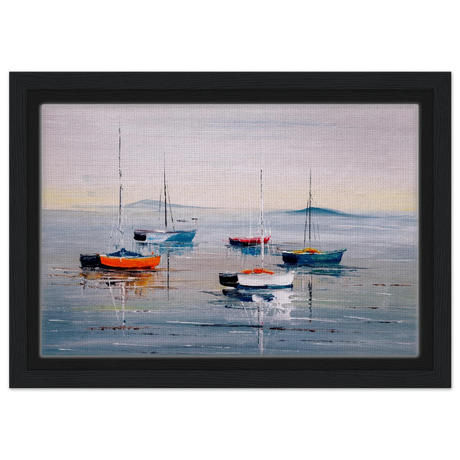 Tranquil Harbour – Sailing Boats at Rest Nautical Wall Art Print - Framed Canvas - 20x30 cm / 8x12″ - Black frame