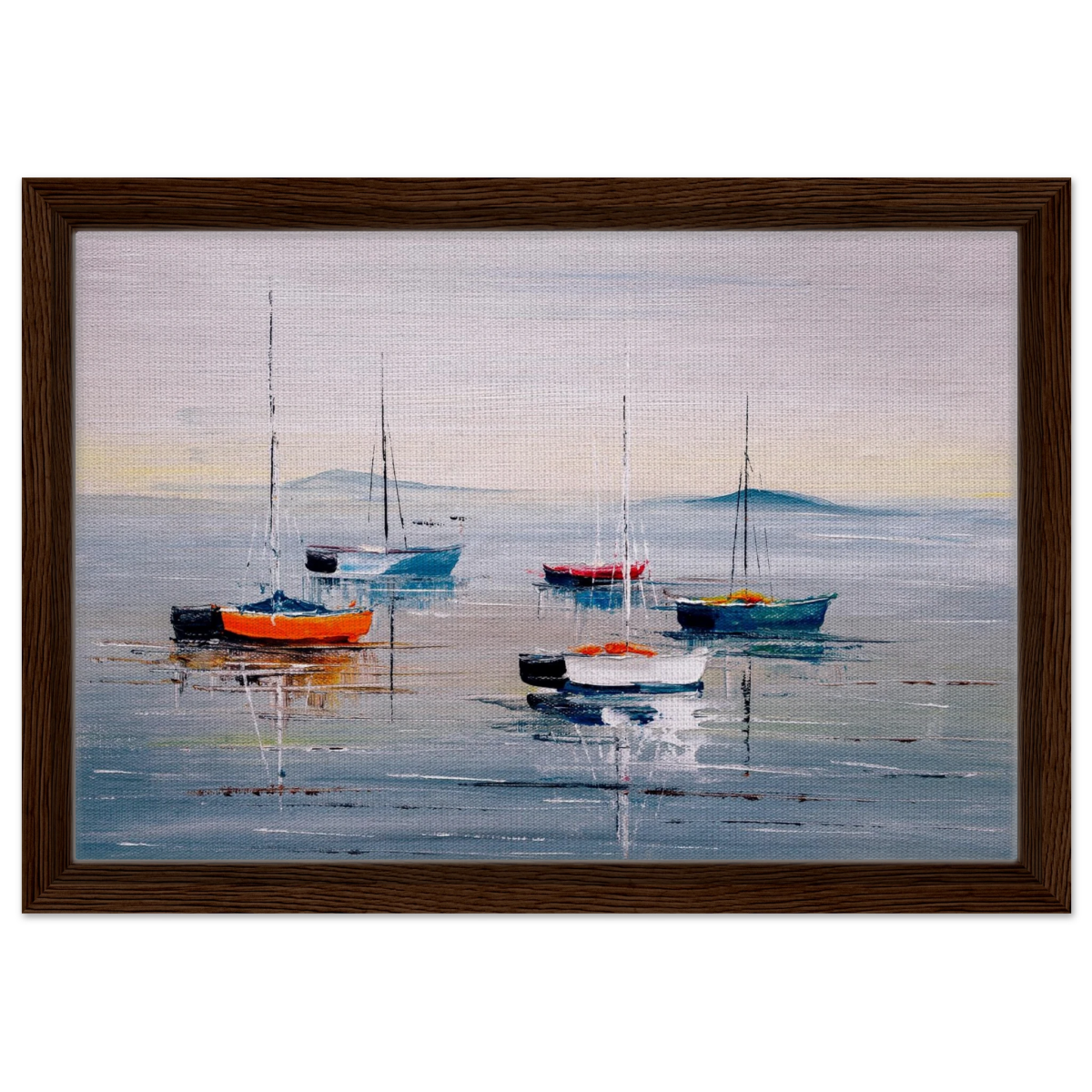 Tranquil Harbour – Sailing Boats at Rest Nautical Wall Art Print - Framed Canvas - 30x45 cm / 12x18″ - Dark wood frame