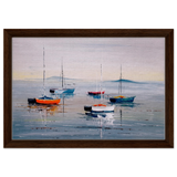 Tranquil Harbour – Sailing Boats at Rest Nautical Wall Art Print - Framed Canvas - 30x45 cm / 12x18″ - Dark wood frame