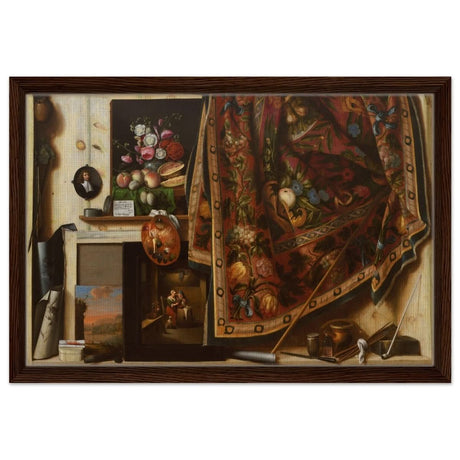 Trompe l'oeil. A Cabinet in the Artist's Studio by Cornelis Norbertus Gysbrechts | Vintage art wall art print - Framed Canvas - 40x60 cm / 16x24″ - Dark wood frame