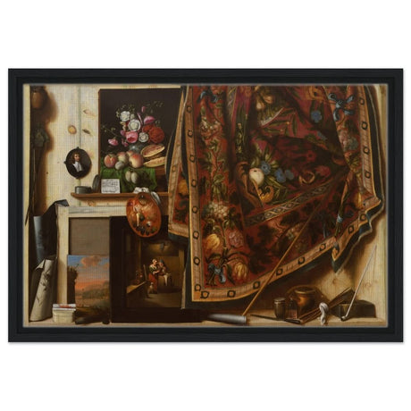 Trompe l'oeil. A Cabinet in the Artist's Studio by Cornelis Norbertus Gysbrechts | Vintage art wall art print - Framed Canvas - 40x60 cm / 16x24″ - Black frame