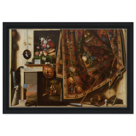 Trompe l'oeil. A Cabinet in the Artist's Studio by Cornelis Norbertus Gysbrechts | Vintage art wall art print - Framed Canvas - 30x45 cm / 12x18″ - Black frame