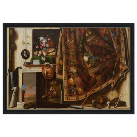 Trompe l'oeil. A Cabinet in the Artist's Studio by Cornelis Norbertus Gysbrechts | Vintage art wall art print - Framed Canvas - 50x75 cm / 20x30″ - Black frame