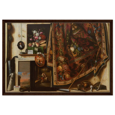 Trompe l'oeil. A Cabinet in the Artist's Studio by Cornelis Norbertus Gysbrechts | Vintage art wall art print - Framed Canvas - 60x90 cm / 24x36″ - Dark wood frame