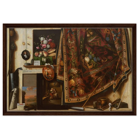 Trompe l'oeil. A Cabinet in the Artist's Studio by Cornelis Norbertus Gysbrechts | Vintage art wall art print - Framed Canvas - 50x75 cm / 20x30″ - Dark wood frame