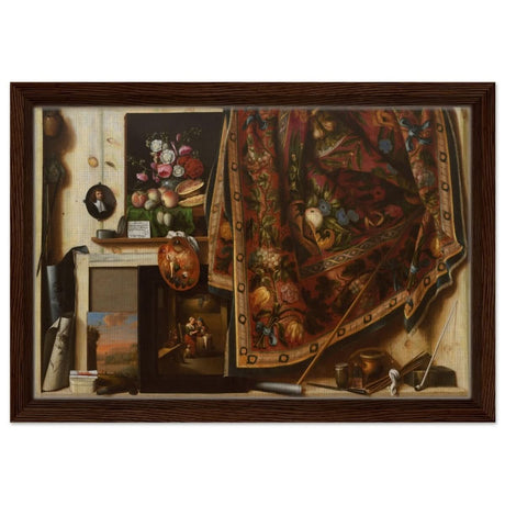Trompe l'oeil. A Cabinet in the Artist's Studio by Cornelis Norbertus Gysbrechts | Vintage art wall art print - Framed Canvas - 30x45 cm / 12x18″ - Dark wood frame