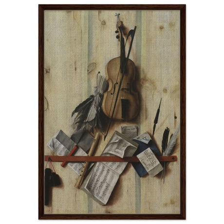 Trompe l'Oeil. by Cornelis Norbertus Gysbrechts | Vintage Wall art print - Framed Canvas - 60x90 cm / 24x36″ - Dark wood frame