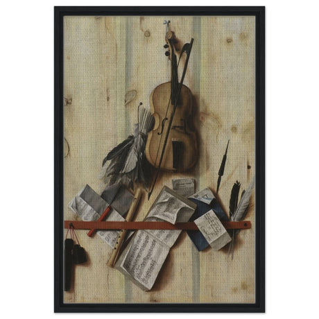 Trompe l'Oeil. by Cornelis Norbertus Gysbrechts | Vintage Wall art print - Framed Canvas - 50x75 cm / 20x30″ - Black frame