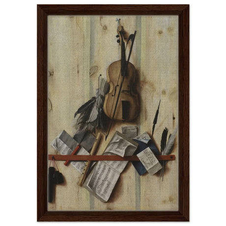 Trompe l'Oeil. by Cornelis Norbertus Gysbrechts | Vintage Wall art print - Framed Canvas - 30x45 cm / 12x18″ - Dark wood frame
