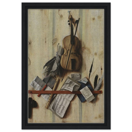 Trompe l'Oeil. by Cornelis Norbertus Gysbrechts | Vintage Wall art print - Framed Canvas - 30x45 cm / 12x18″ - Black frame