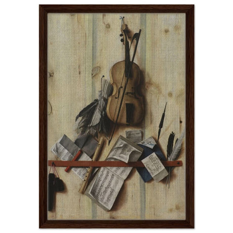 Trompe l'Oeil. by Cornelis Norbertus Gysbrechts | Vintage Wall art print - Framed Canvas - 40x60 cm / 16x24″ - Dark wood frame