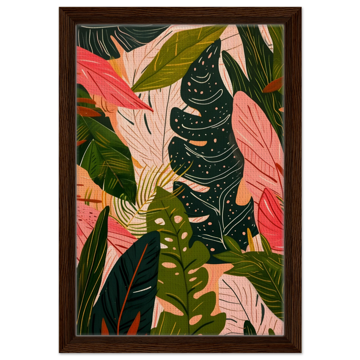 "Tropical Whispers" – A Lush Botanical Escape | Contemporary Botanical Art Wall art print - 30x45 cm / 12x18″ - Framed Canvas - Dark wood frame