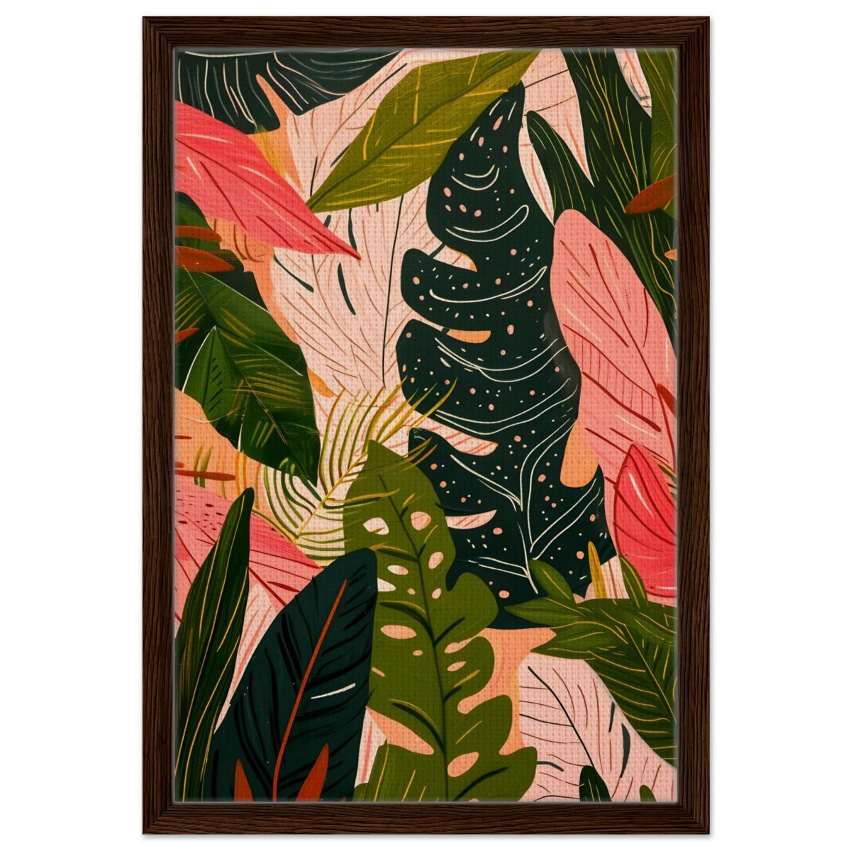 "Tropical Whispers" – A Lush Botanical Escape | Contemporary Botanical Art Wall art print - 40x60 cm / 16x24″ - Framed Canvas - Dark wood frame