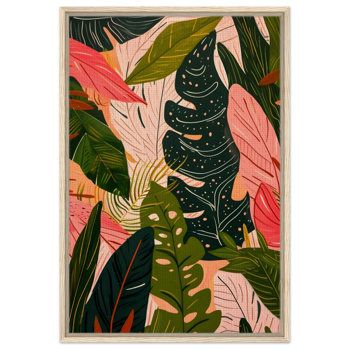 "Tropical Whispers" – A Lush Botanical Escape | Contemporary Botanical Art Wall art print - 60x90 cm / 24x36″ - Framed Canvas - Wood frame